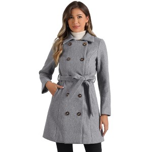 INSPIRE CHIC Women's Winter Peter Pan Collar Double Breasted Slant Pocket Button Down Belted Pea Coats - 1 of 4