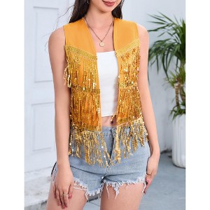 Womens Sequin Fringe Sleeveless Vest Sparkly Lightweight Fitted Jacket Cardigan - 1 of 4