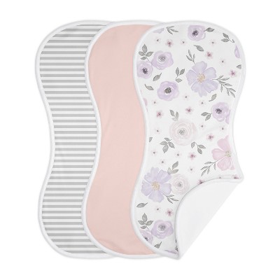 Image of Sweet Jojo Designs Girl Baby Burp Cloths Watercolor Floral Lavender Purple and Grey 3pc