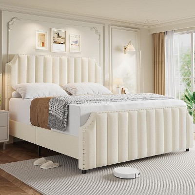 Platform Bed Frame with 50.2" Tall Velvet Upholstered Headboard and Footboard, Vertical Channel Tufted Design, Sturdy Wood Slats