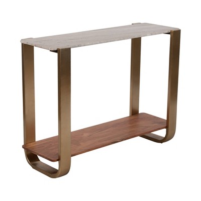 Gold and White Marble Console Table with Wooden Shelf