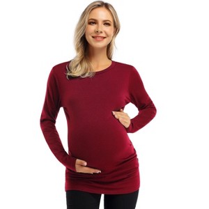 BLUEMING Womens Maternity Shirts Long Sleeve Crew Neck Basic Tank Tops Side Buttons Pregnant Shirts - 1 of 4