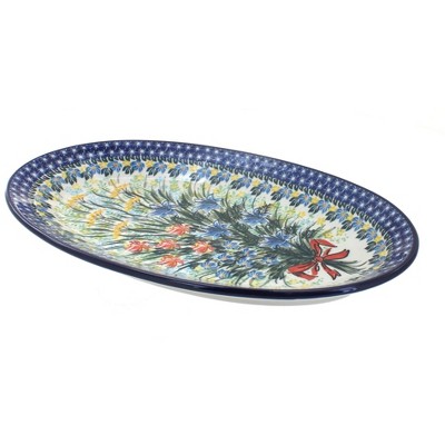 Blue Rose Polish Pottery Day Lily Bouquet Oval Platter