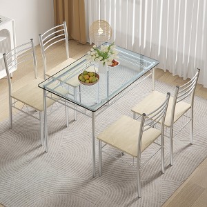 VECELO 5 Piece Dining Table Set with Glass Top Table & 4 Upholstered Chairs, Kitchen Rectangular Table Set Brown/Black - 1 of 4