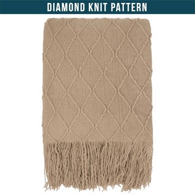 Tan Taupe Knit Fleece Reversible Throw Blanket with Fringe