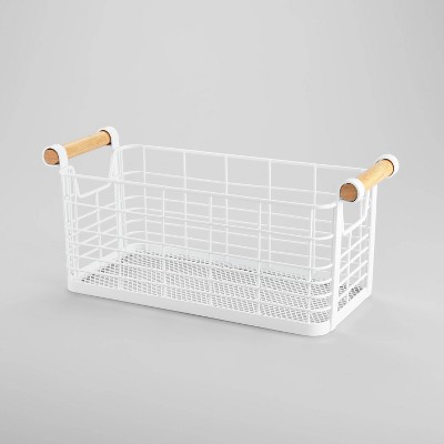 13.75" x 6" x 6" Small Rectangular Wire Natural Wood Handles Basket White - Brightroom™