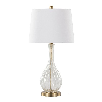 Set of 2 Gold and Clear Crackle Glass Table Lamps with White Linen Shades