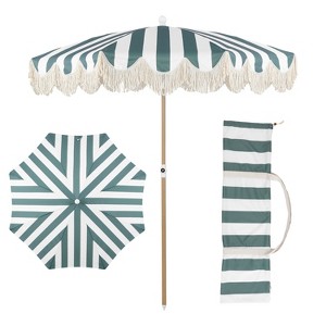 JONATHAN Y Mariner 6.5 ft. Fringe Tassel Beach Umbrella w/ Tilt,Wind Vent,UV Protection,Carry Bag - 1 of 4