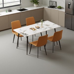 Modern 5 PCS Dining Set, Dining Table with Sintered Stone Top and Metal Legs, Metal Frame Dining Chairs with Brown Polyester Cover-Baofuwish - 1 of 4