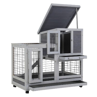 BestMassage Rabbit Cage Wooden Rabbit Hutch Rabbit House with Rolling Wheels, Gray
