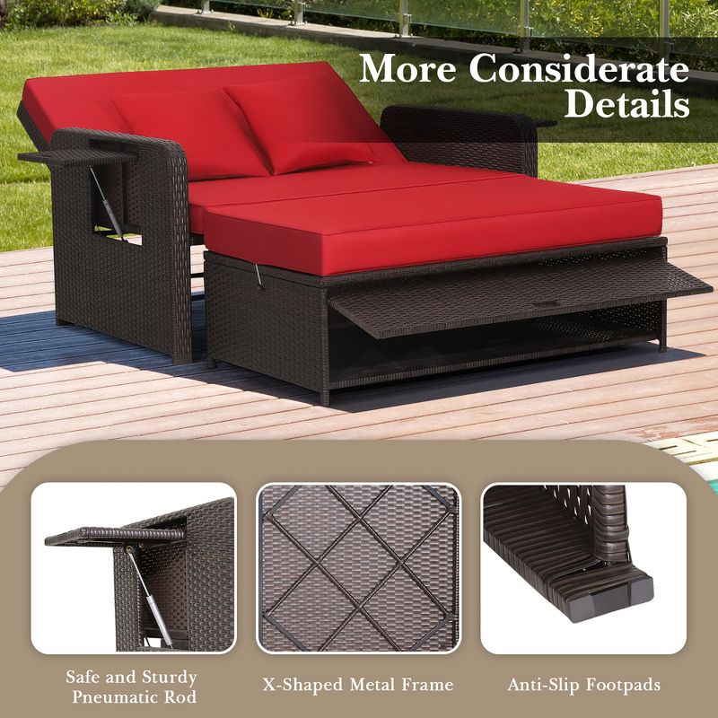 Costway Patio Rattan Daybed Lounge Retractable Top Canopy Side Tables Cushions, 5 of 11