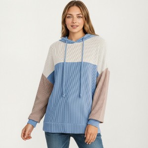 Anna-Kaci Women's Long Sleeve Color Block Knit Hoodie with Drawstring and Relaxed Fit - 1 of 4