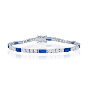 Bella Silver Sterling Silver, Round and Emerald-Cut 3mm Tennis Bracelet - Sapphire CZ - Blue - 7.5 Inch - 1 of 2