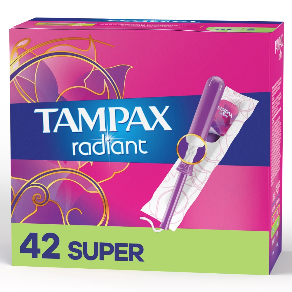 Tampax Radiant Tampons Super Absorbency with BPA-Free Plastic Applicator and LeakGuard Braid  Unscented  42 Ct