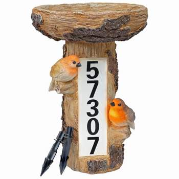 Sunnydaze Staked Country Tree Stump Bird Bath with Solar Lighted Address Plate - 15.5"