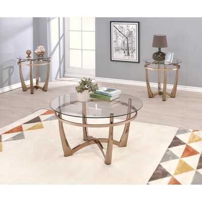 Round Clear Glass Coffee Table with Champagne-Finished Base for Modern Living or Office