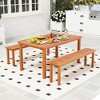 Tangkula Set of 3 Patio Dining Set Solid Wood Dining Table w/2 Benches 2" Umbrella Hole - 4 of 4