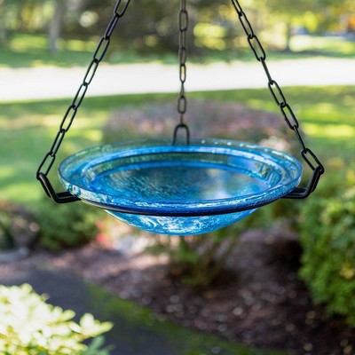 Teal Crackle Glass Hanging Birdbath with Iron Chain