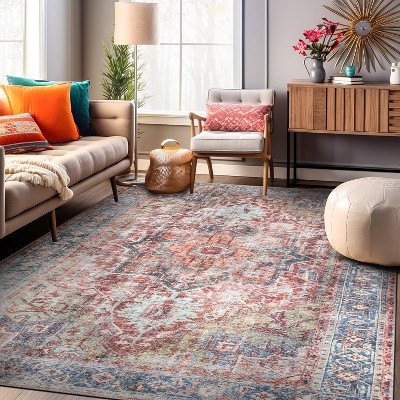 Vintage Red and Blue Synthetic Flat Woven 5' x 7' Area Rug