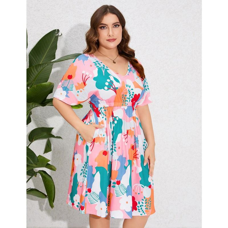 Whizmax Women's Plus Size Midi Dress Summer Floral Print Ruffle Flowy Dress, 5 of 8