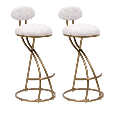 Vynxaria Set of 2 Gold and White Floral Bar Stools with Backrest