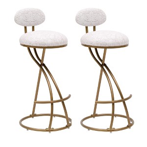 Vynxaria Set of 2 Gold and White Floral Bar Stools with Backrest - 1 of 4