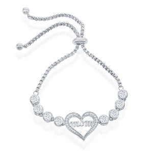 Bella Silver Sterling Silver Center 'Mom' Heart with Linked Bezel CZ's Adjustable Bolo Bracelet - Silver - 10 Inch - 1 of 2