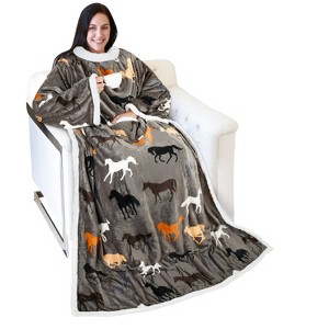 Adults Fuzzy Cozy Wearable Blanket with Sleeves Arms, Flannel Fleece Sleeved TV Wrap Blanket, Snuggly Throw for Women Men, Gift for Her - Catalonia - 1 of 4