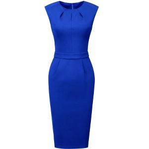 INSPIRE CHIC Women's Office Pleated Round Neck Work Sleeveless Sheath Pencil Dresses - 1 of 4