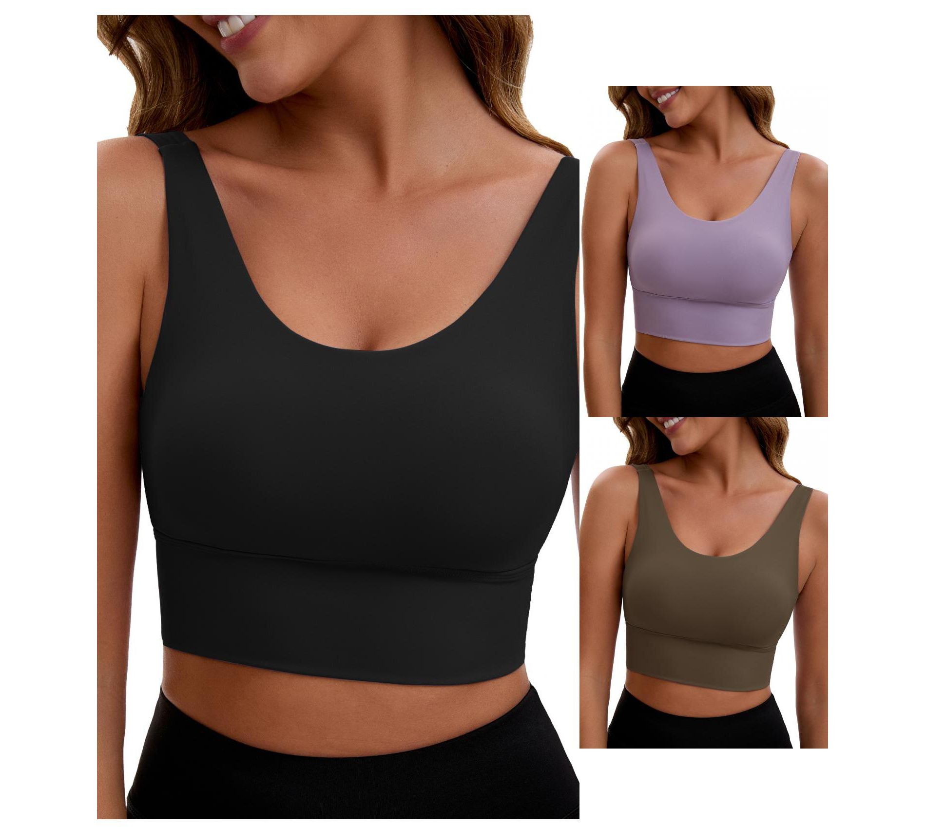 INSPIRE CHIC 3 Packs Women's V Back Wide Straps Full Coverage Sports Bras Longline Workout Padded Tank Top