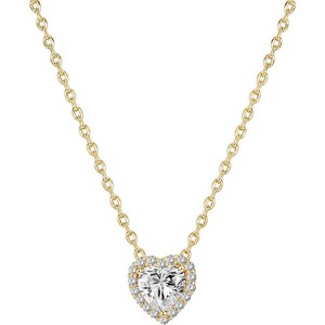 14K Gold Plated Solitaire Pendant Necklace with Halo, Adjustable Slider Chain for Women - 1 of 4