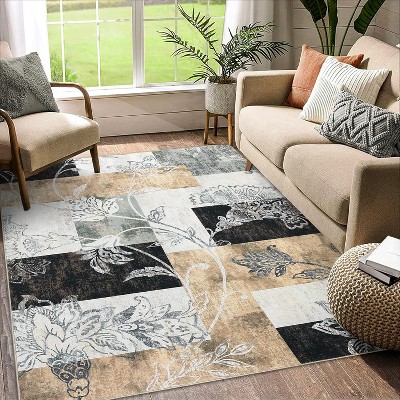 Washable Area Rug for Living Room, Soft Rustic Floral Low Pile Carpet, Non-Slip Stain Resistant Rug for Bedroom Dining Office