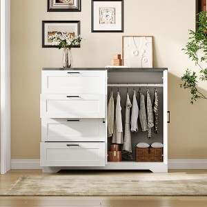 43.3'' H Armoire Wardrobe Closet with 4 Drawers and 2 Doors, Hanging Rod, Multifunctional Wooden Dresser, Bathroom Cabinet for Bedroom - 1 of 4