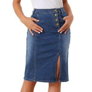 Allegra K Women's Button Decor Side Slit Slash Pocket Midi Denim Skirt - 1 of 4