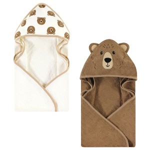 Hudson Baby Cotton Animal Face Hooded Towel, Brown Bear 2-Pack, One Size - 1 of 4