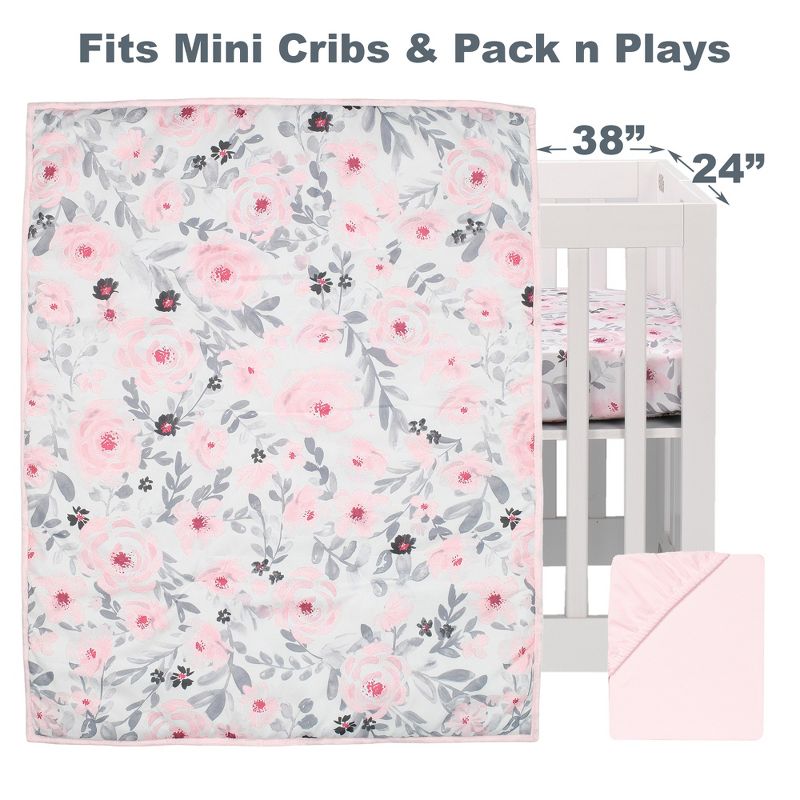 Bedtime Originals Blossom Pink Watercolor Floral 3-Piece Mini Crib Bedding Set, 2 of 8