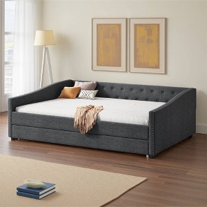 Dovelina Twin Size Daybed with Twin Size Trundle Upholstered Tufted Sofa Bed, with Button on Back and Copper Nail on Waved Shape Arms-Dark Grey - 1 of 4