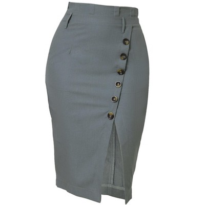 Allegra K Women's Vintage Button Decor Belted Split Front Knee Length Pencil Skirt