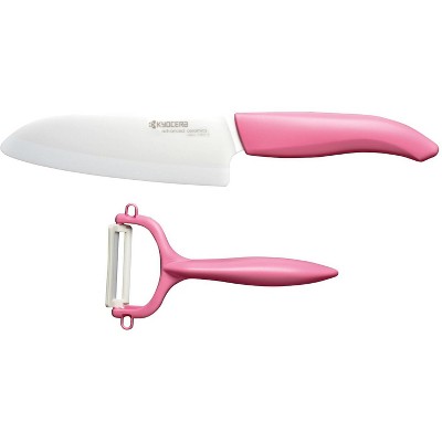 Kyocera Breast Cancer Awareness Ceramic 2 Piece Santoku Knife and Peeler Set with Pink Handles