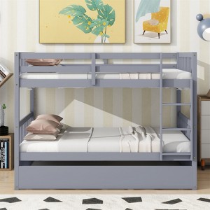 RISOKEYS Full Over Full Rubber Wood Bunk Bed - Convertible to 2 Full Size Beds with Twin Size Trundle, Ladder and Guardrails - 1 of 4