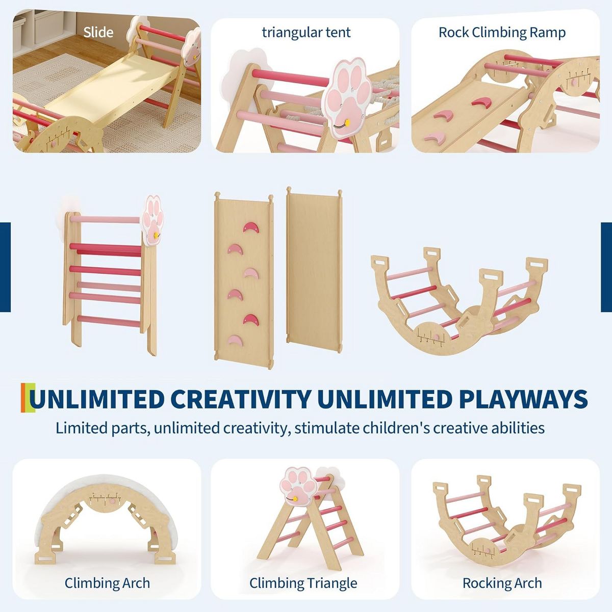 Wooden Climbing Triangle Set for Toddlers. 8-in-1 Foldable Play Gym with Slide. Arch & Rope Ladder. Indoor Jungle Gym for Kids 1+ Years - thumbnail 5
