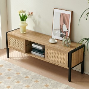 CAVINAS Rattan TV Stand with Variable Color Light Strip Entertainment Center with Adjustable Shelf Media Console - 1 of 4