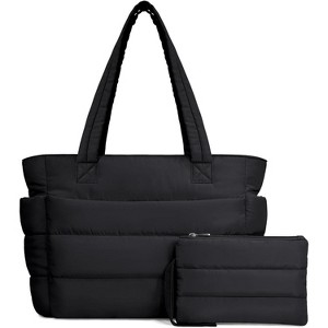 Puffer Tote Bag for Women, Lightweight Quilted Shoulder Bag with Compartments for Work, Travel, and Gym - 1 of 4