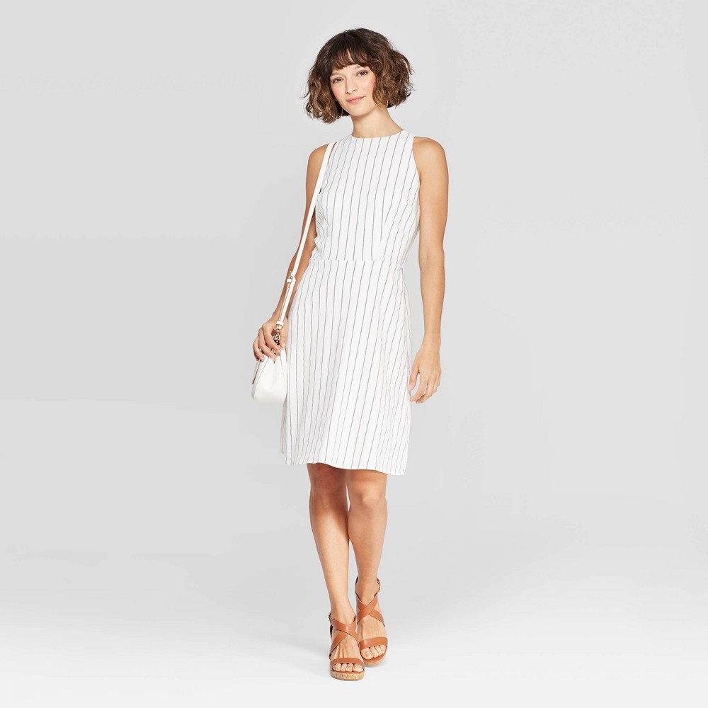 Women's Striped Sleeveless Crewneck Linen Dress - A New Day White/Black M, Gray
