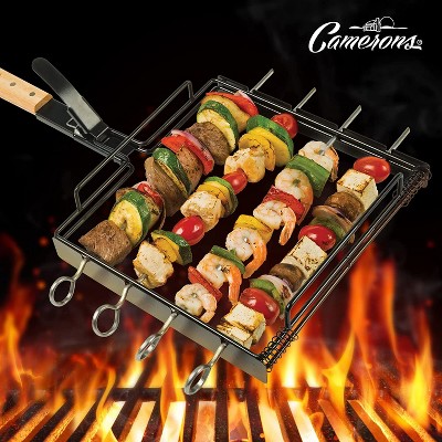 Camerons Products BBQ Skewer Rack Set With Detachable Handle For Closed Lid Cooking - Non-Stick For Grilling Barbecue Shish Kabobs, Meat, Vegetables, Fruit - (1 Rack, 4 Skewers