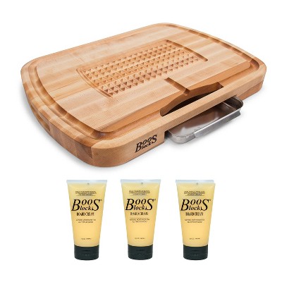 John Boos Maple Wood Ultimate Carving Butcher Block Cutting Board with Groove and Pan, 24 x 18 x 2.25 Inches and Natural Moisture Cream, 5 Oz (3 Pack)