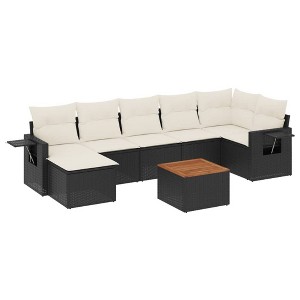 vidaXL 8 Piece Patio Sofa Set with Cushions Black Poly Rattan - Black and Cream Corner + Table + 3x Middle - 1 of 4