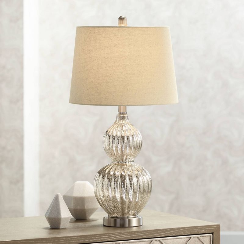 Regency Hill Lili 25" High Fluted Modern Country Cottage Table Lamp Silver Mercury Glass Single Beige Shade Living Room Bedroom Bedside Nightstand, 2 of 9