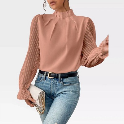 Womens Mesh Sleeve Blouse Mock Neck Front Pleated Shirts with Keyhole Back Elegant Formal Tops Wear To Work Office Business Shirts
