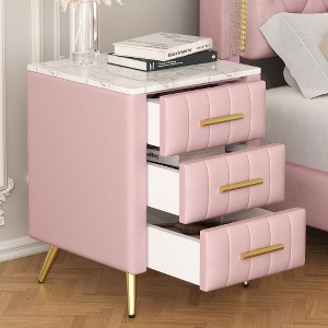 LIVAREEmlen Upholstered Wooden Nightstand with 3 Drawers and Metal Legs&Handles, Bedside Table with Marbling Stickers Worktop, Pink - 1 of 4